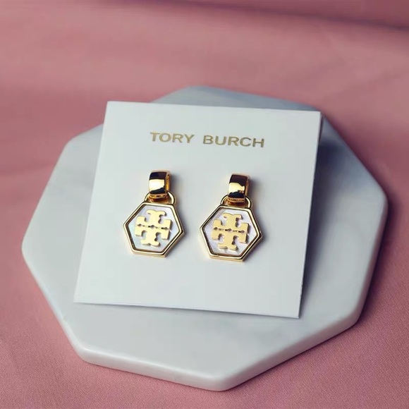 Tory Burch White Hexagon Logo Drop Earrings - Picture 5 of 8